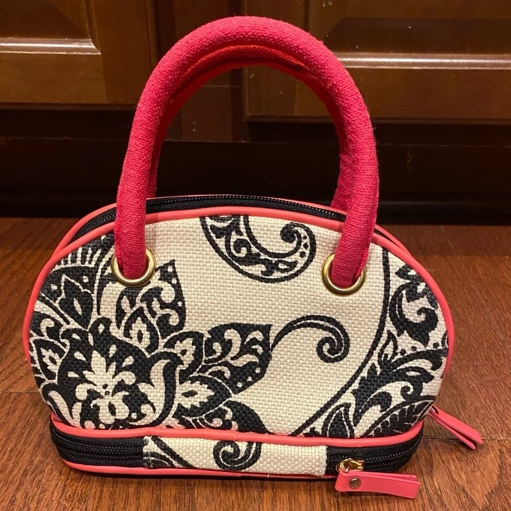 Spartina 449 Purse Cosmetic Bag Mini Bowler Beige/Black/Pink Linen/Leather